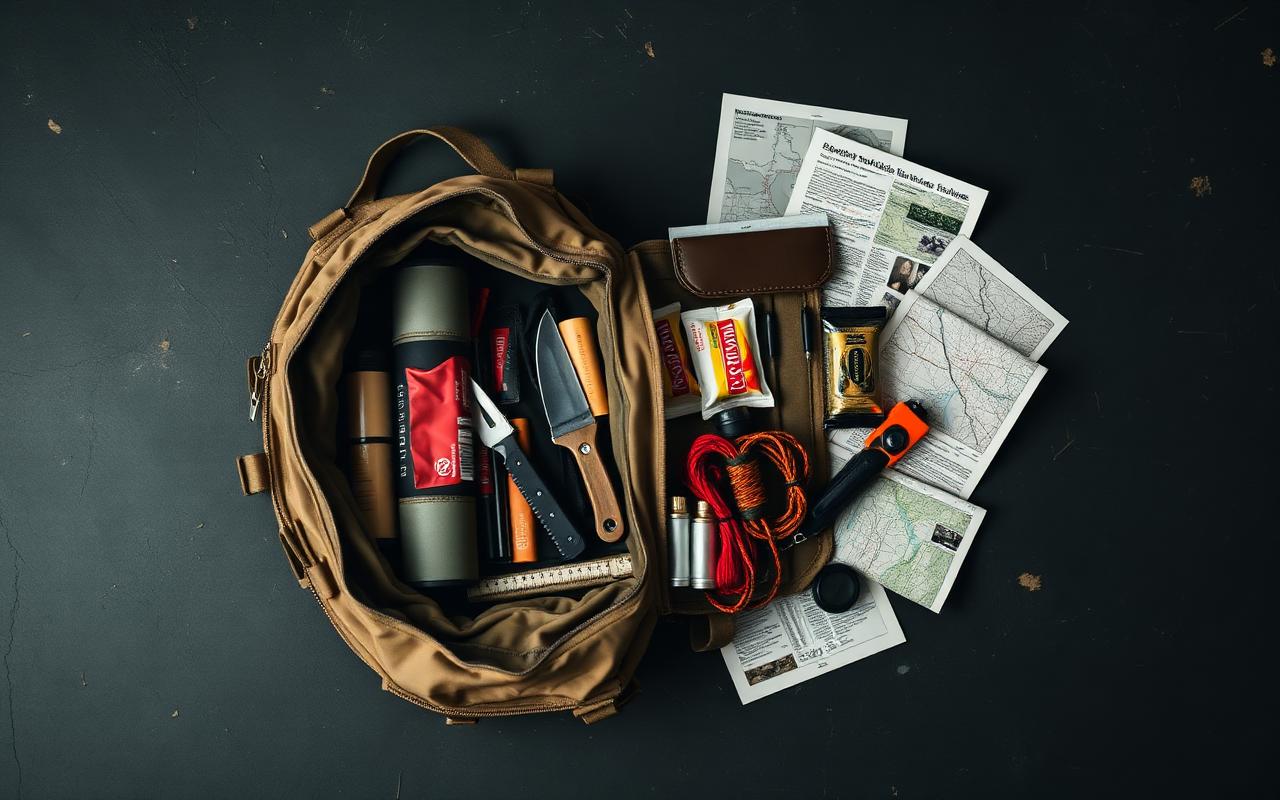 Bug out bag packing diagram: open tactical backpack with water filter, knife, fire starter, food bars, paracord, headlamp, first aid pouch and maps