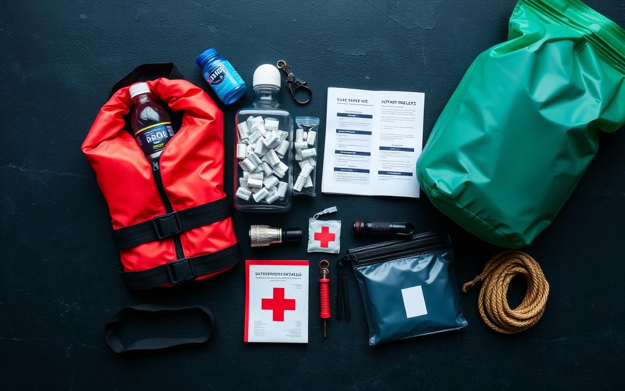 Flood emergency kit checklist: dry bags, bottled water, purification tablets, life jacket, waterproof flashlight, first aid kit and document pouch