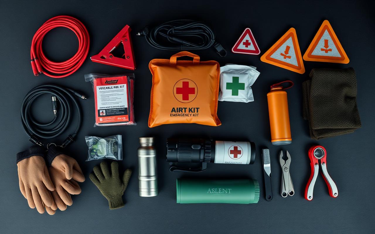Complete vehicle emergency kit layout: jumper cables, tire repair kit, reflective triangles, first aid, flashlight, gloves, blanket and multi-tool