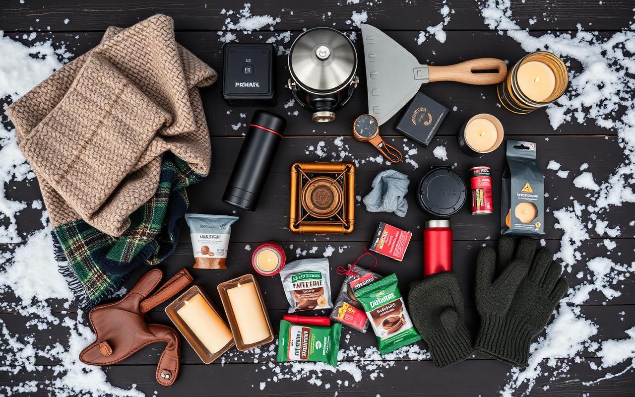 Winter storm emergency supplies: wool blankets, hand warmers, thermos, camp stove, ice scraper, headlamp, batteries, candles, gloves